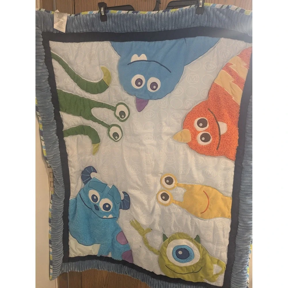 Disney Baby Monsters Inc Mike Sulley Crib Quilt Blanket Blue Green Nursery